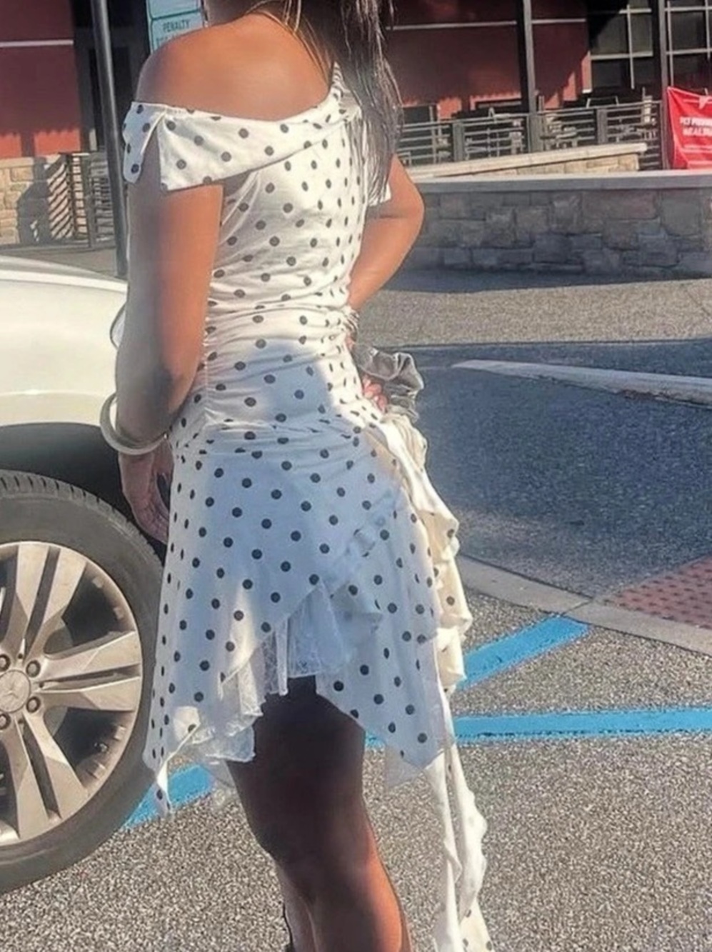 Polka Dot Ruffle Midi Dress in White & Black Like New